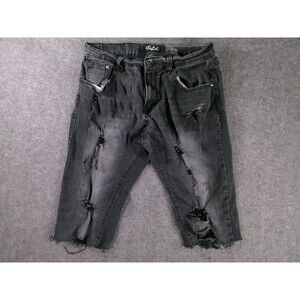 True Luck Jean Shorts Mens 30 Distressed Ripped Cropped Black Stretch Slim Denim